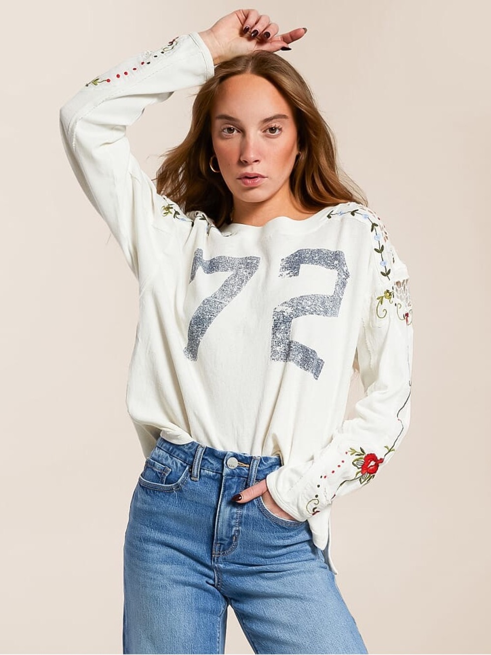 Sold Out !!Lillith Tee .We The Free Cream Long-Sleeve Embroidered '72 Camden